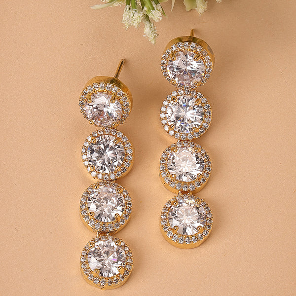 Gold Plated with White Round American Diamond Dangler Earrings