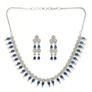 Rhodium Plated Silver Toned Navy Blue & White American Diamond Studded Jewellery Set