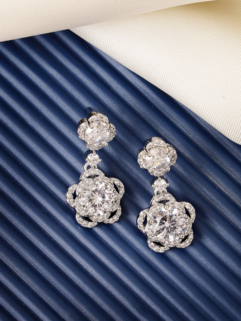 Rhodium Plated with Dual White American Diamonds Drop Earrings