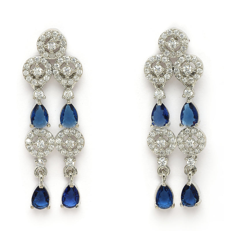 Rhodium Plated Silver Toned Navy Blue & White American Diamond Studded Jewellery Set