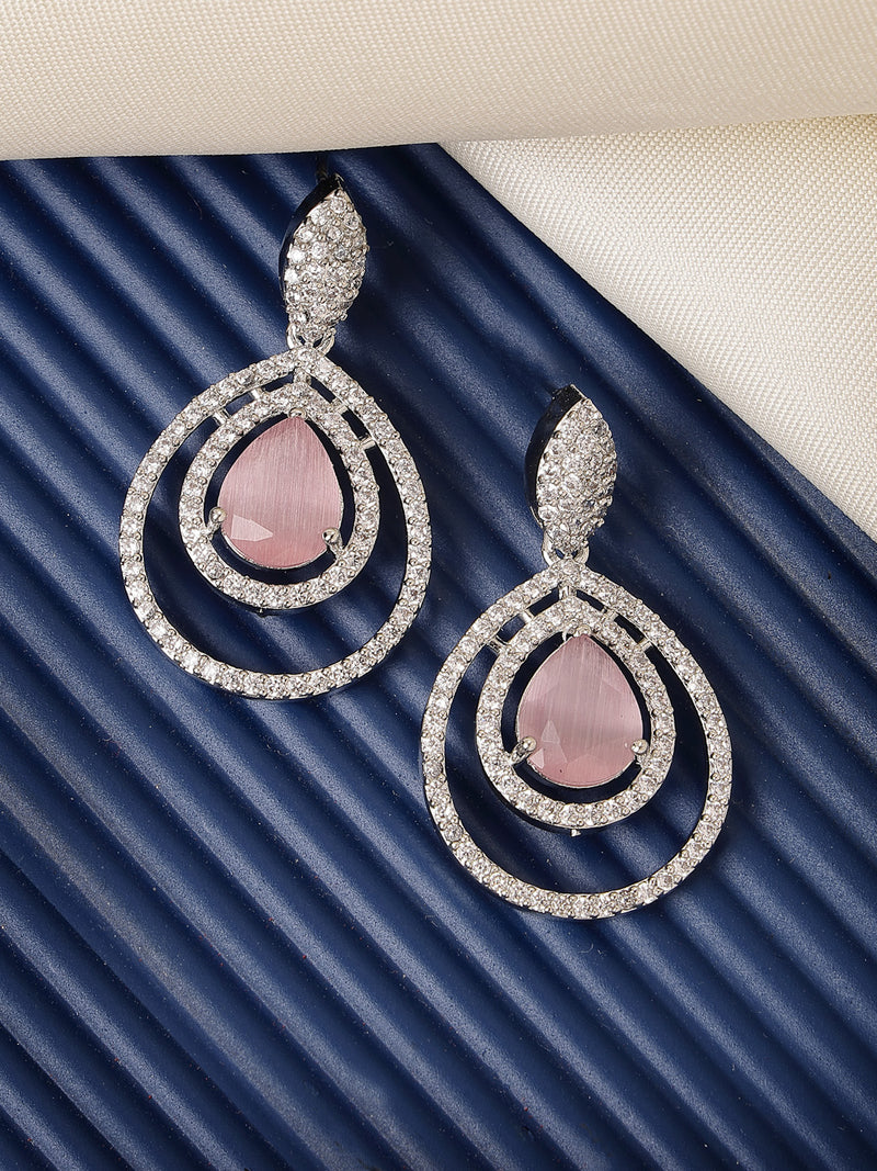 Rhodium Plated Silver Toned with Teardrop Shaped Pink & White American Diamond Drop Earrings