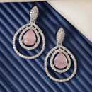 Rhodium Plated Silver Toned with Teardrop Shaped Pink & White American Diamond Drop Earrings