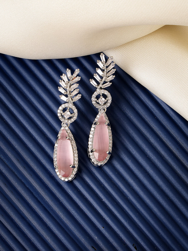 Rhodium Plated Silver Toned with Pink American Diamond Small Drop Earrings