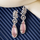 Rhodium Plated Silver Toned with Pink American Diamond Small Drop Earrings