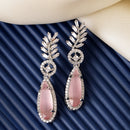 Rhodium Plated Pear Pink American Diamond Contemporary Long Drop Earrings