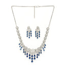 Rhodium Plated Silver Toned Floral Blue & White American Diamond Studded Jewellery Set