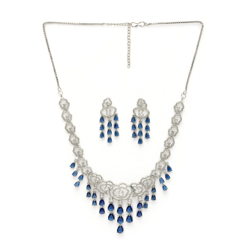 Rhodium Plated Silver Toned Floral Blue & White American Diamond Studded Jewellery Set