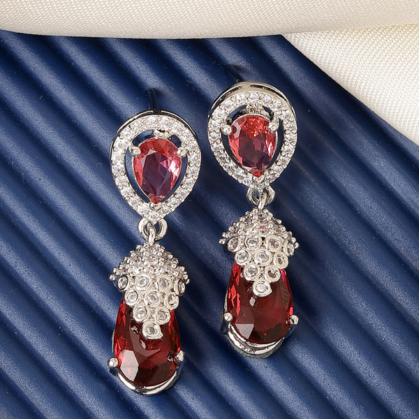 Rhodium Plated Silver Toned with Red American Diamond Small Drop Earrings