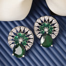 Rhodium Plated with Green & White American Diamonds Circular Shaped Stud Earrings