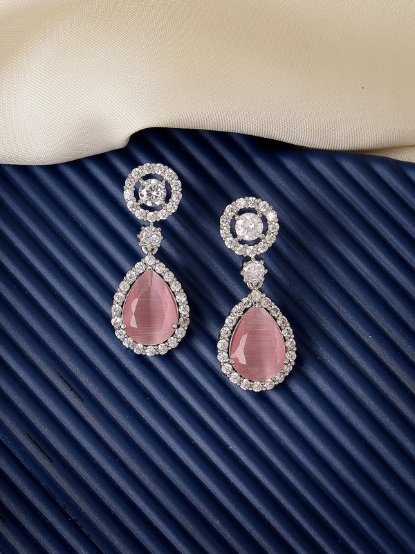 Rhodium Plated with Pink & White American Diamond Circular & Teardrop Shaped Drop Earrings