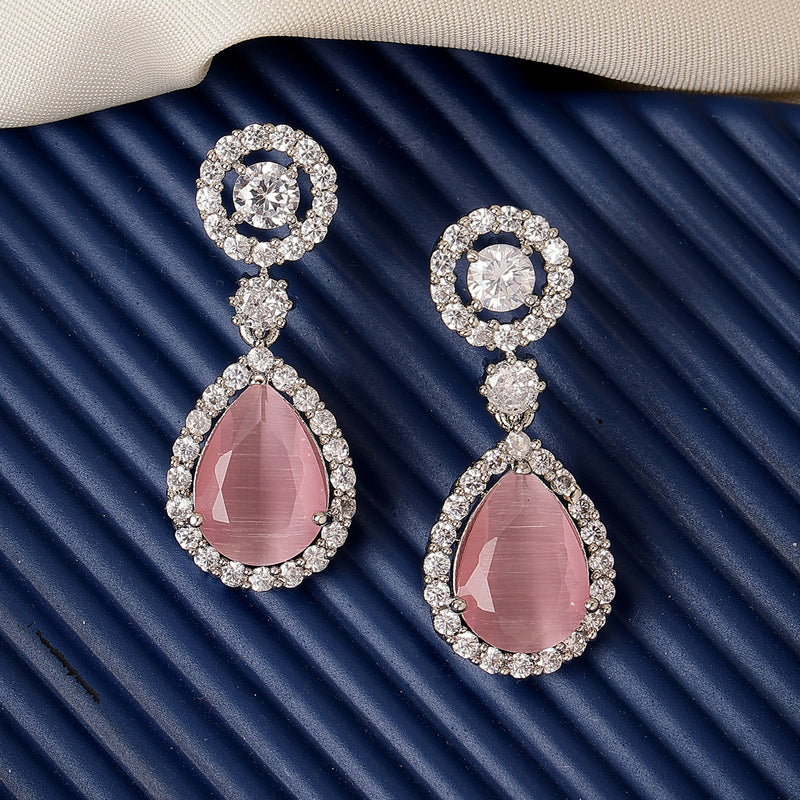 Rhodium Plated with Pink & White American Diamond Circular & Teardrop Shaped Drop Earrings