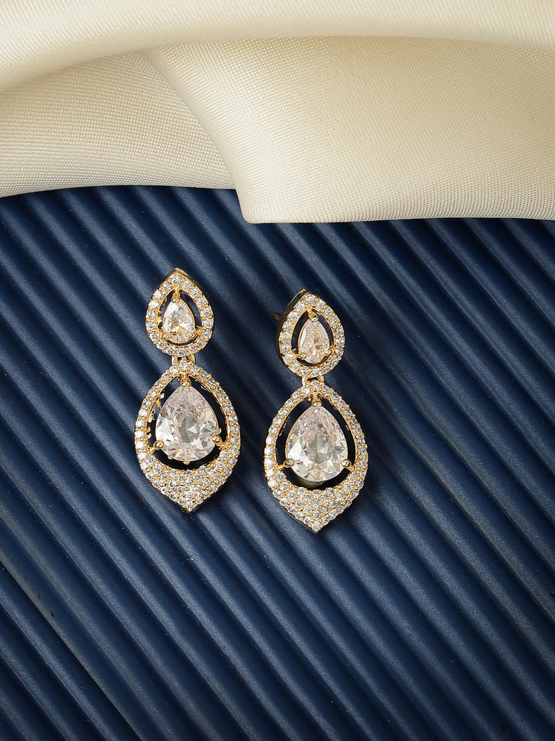 Gold Plated with White Tear Drop Shaped American Diamond Small Drop Earrings