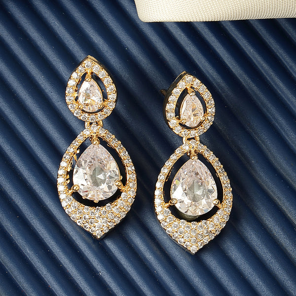 Gold Plated with White Tear Drop Shaped American Diamond Small Drop Earrings