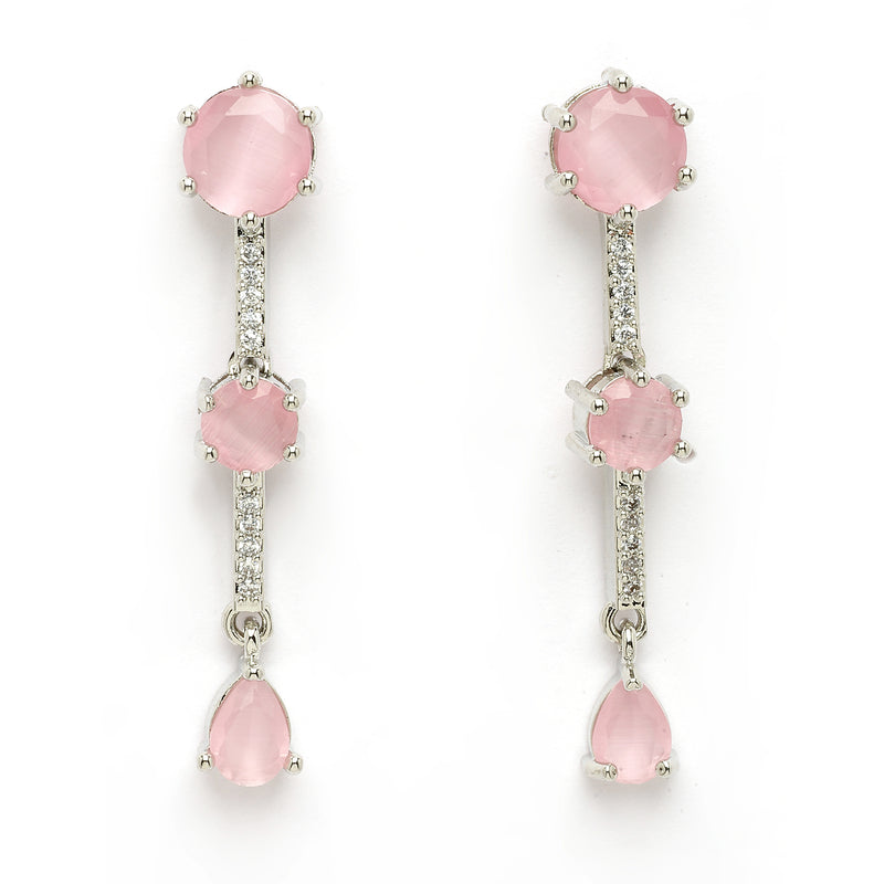 Rhodium Plated Silver Toned Circle Shaped Pink American Diamond Studded Jewellery Set