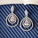 Rhodium Plated Silver Toned with Teardrop Shaped White American Diamond Drop Earrings