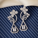 Rhodium Plated Geometric Floral White American Diamond Contemporary Long Drop Earrings