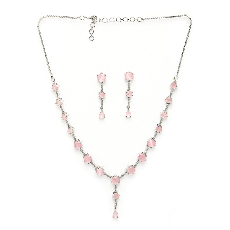 Rhodium Plated Silver Toned Circle Shaped Pink American Diamond Studded Jewellery Set
