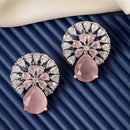 Rhodium Plated with Pink & White American Diamonds Circular Shaped Stud Earrings