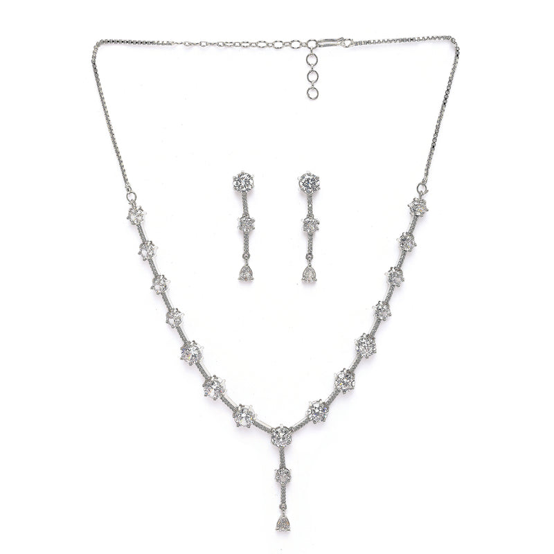 Rhodium Plated Silver Toned Circle Shaped White American Diamond Studded Jewellery Set