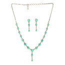 Rhodium Plated Silver Toned Circle Shaped Sea Green American Diamond Studded Jewellery Set