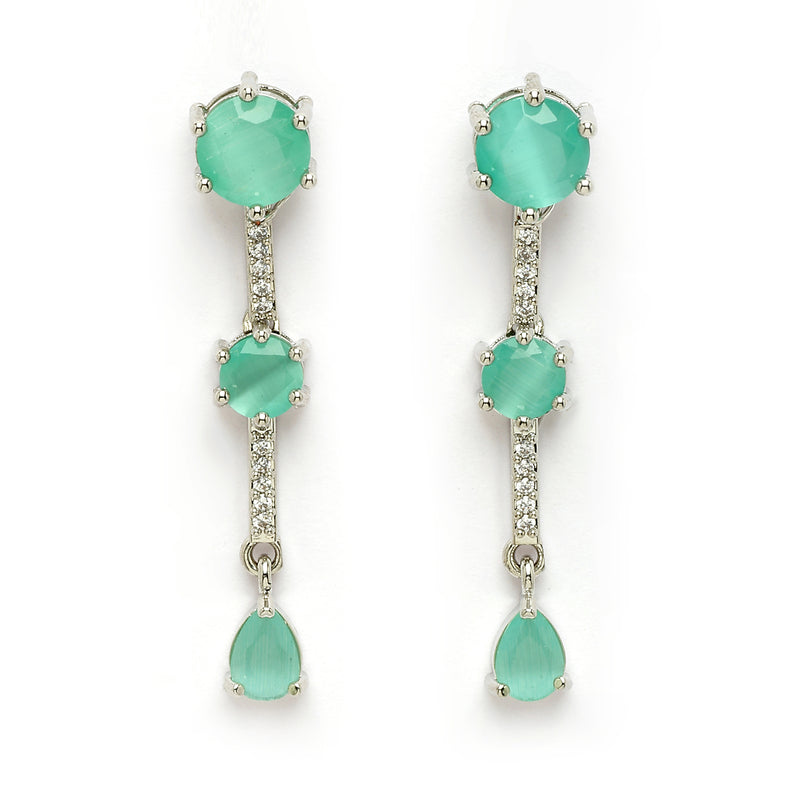 Rhodium Plated Silver Toned Circle Shaped Sea Green American Diamond Studded Jewellery Set