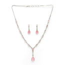 Rhodium Plated Silver Toned Teardrop Shaped Pink & White American Diamond Studded Jewellery Set