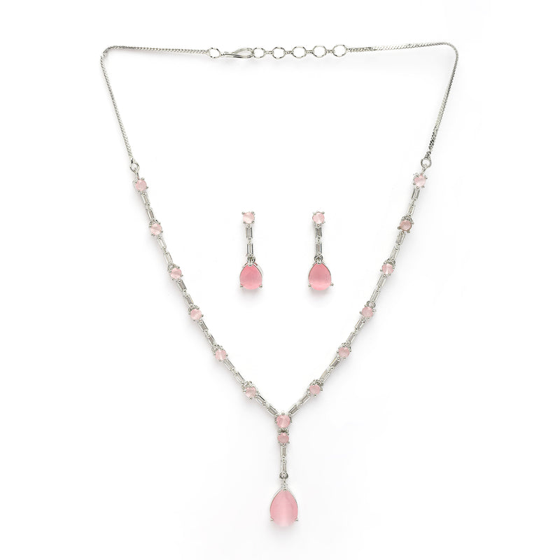 Rhodium Plated Silver Toned Teardrop Shaped Pink & White American Diamond Studded Jewellery Set