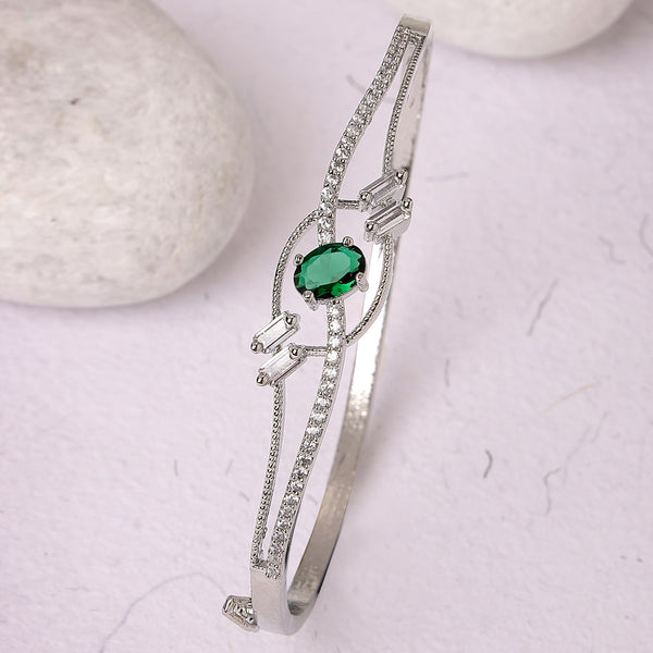 Rhodium Plated Silver Toned  Green Oval American Diamond Studded Cuff Bracelet