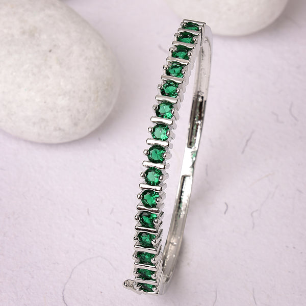 Rhodium Plated Silver Toned Minimal  Round Green American Diamond Studded Cuff Bracelet