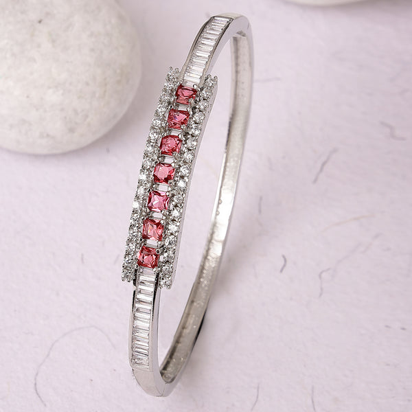 Rhodium Plated Silver Toned Minimal Round Red American Diamond Studded Cuff Bracelet