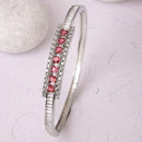 Rhodium Plated Silver Toned Minimal Round Red American Diamond Studded Cuff Bracelet