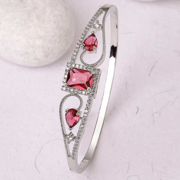 Rhodium Plated Silver Toned Red Square & Teardrop American Diamond Studded Cuff Bracelet