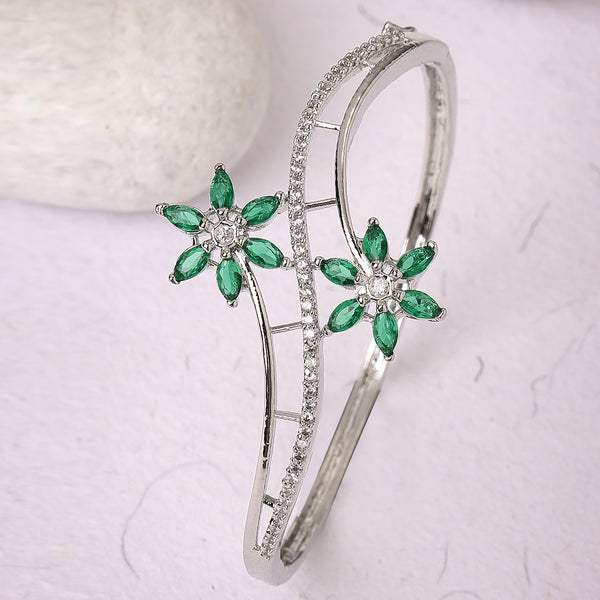 Rhodium Plated Silver Toned Floral Design Green American Diamond Studded Cuff Bracelet