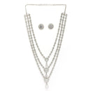 Rhodium Plated Silver Toned White American Diamond Studded Multi Layered Necklace With Earrings Jewellery Set