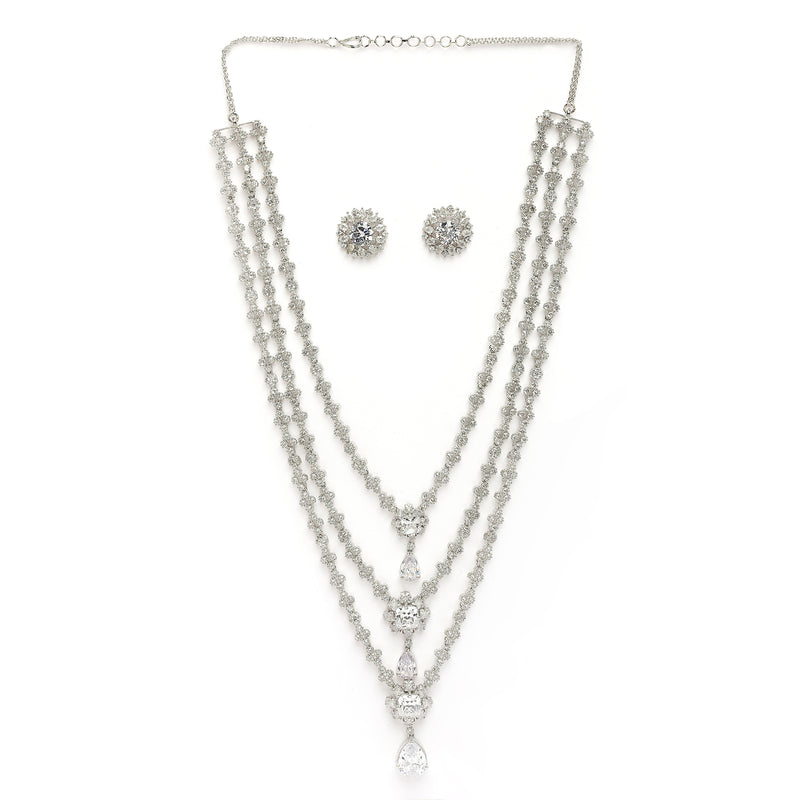 Rhodium Plated Silver Toned White American Diamond Studded Multi Layered Necklace With Earrings Jewellery Set