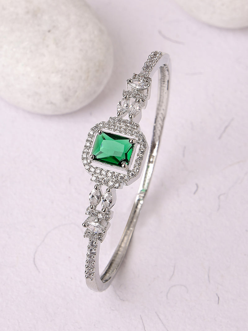 Rhodium Plated Silver Toned Green Rectangle American Diamond Studded Cuff Bracelet