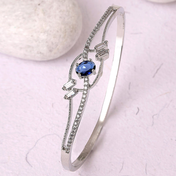 Rhodium Plated Silver Toned Blue Oval American Diamond Studded Cuff Bracelet