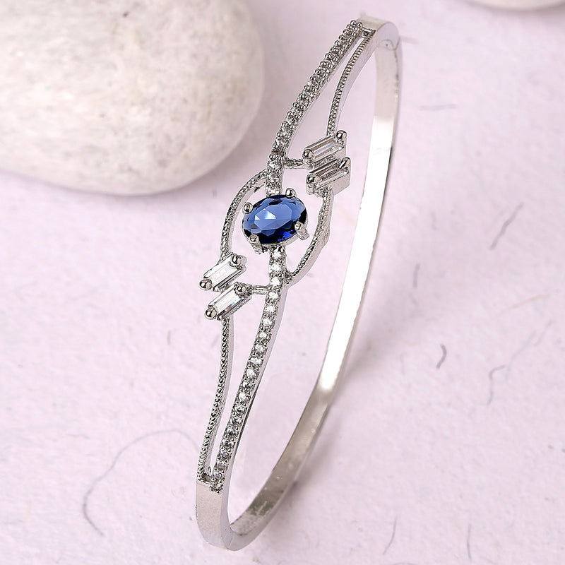 Rhodium Plated Silver Toned Blue Oval American Diamond Studded Cuff Bracelet