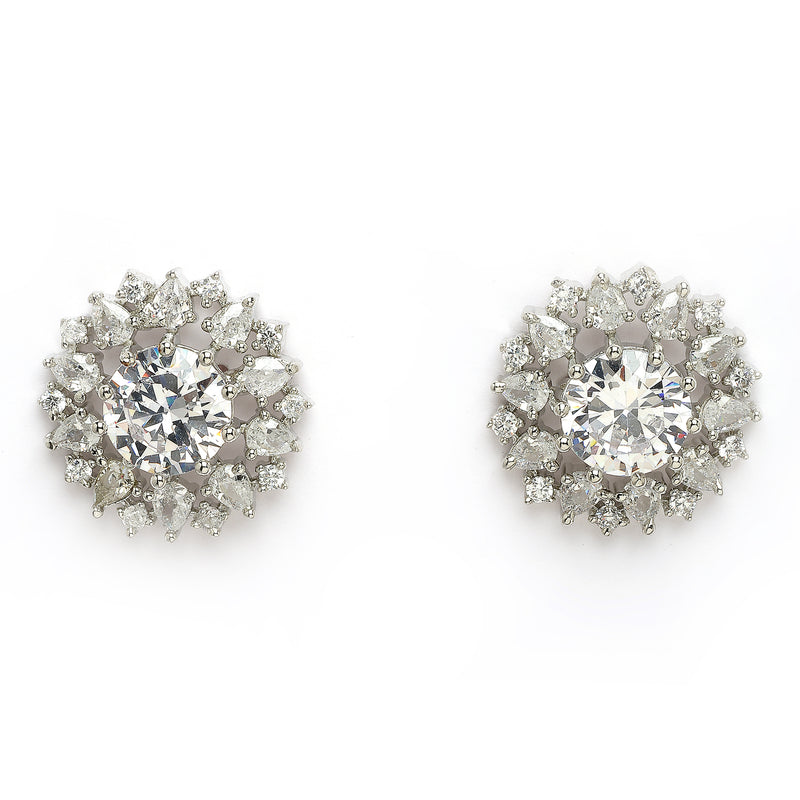 Rhodium Plated Silver Toned White American Diamond Studded Multi Layered Necklace With Earrings Jewellery Set