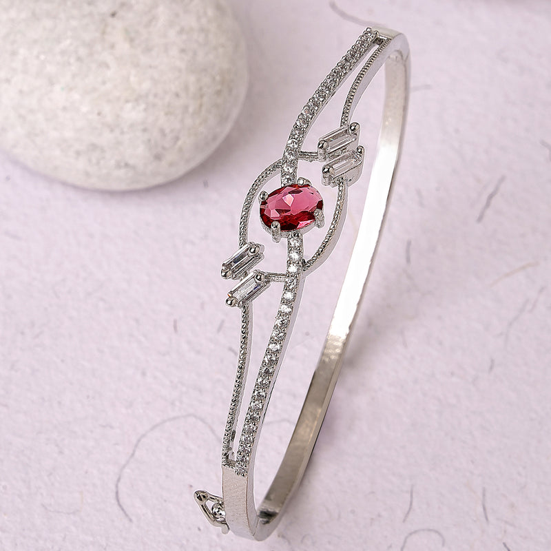 Rhodium Plated Silver Toned  Red Oval American Diamond Studded Cuff Bracelet
