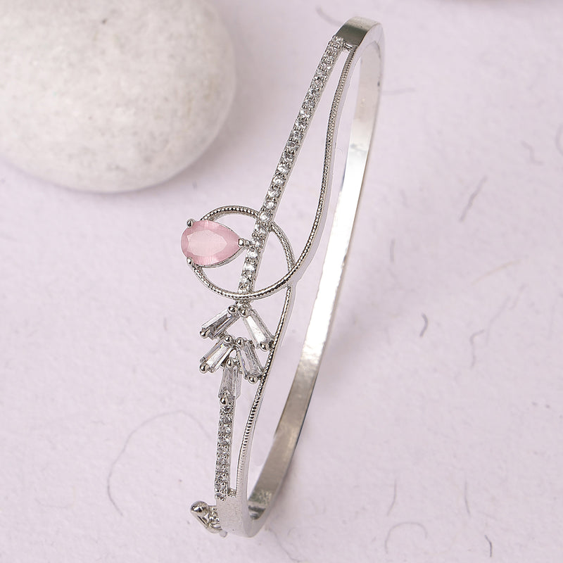 Rhodium Plated Silver Toned Pink Teardrop American Diamond Studded Cuff Bracelet