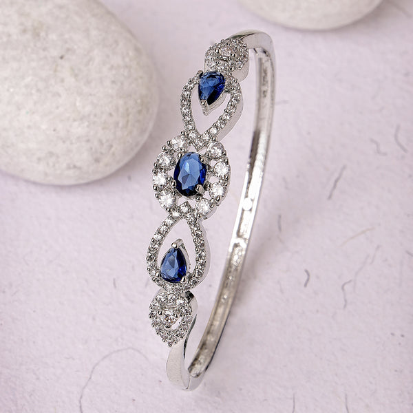 Rhodium Plated Silver Toned Oval & Teardrop Blue American Diamond Studded Cuff Bracelet