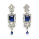 Rhodium Plated Silver Toned Rectangular Shaped Navy Blue & White American Diamond Studded Necklace With Earrings Jewellery Set