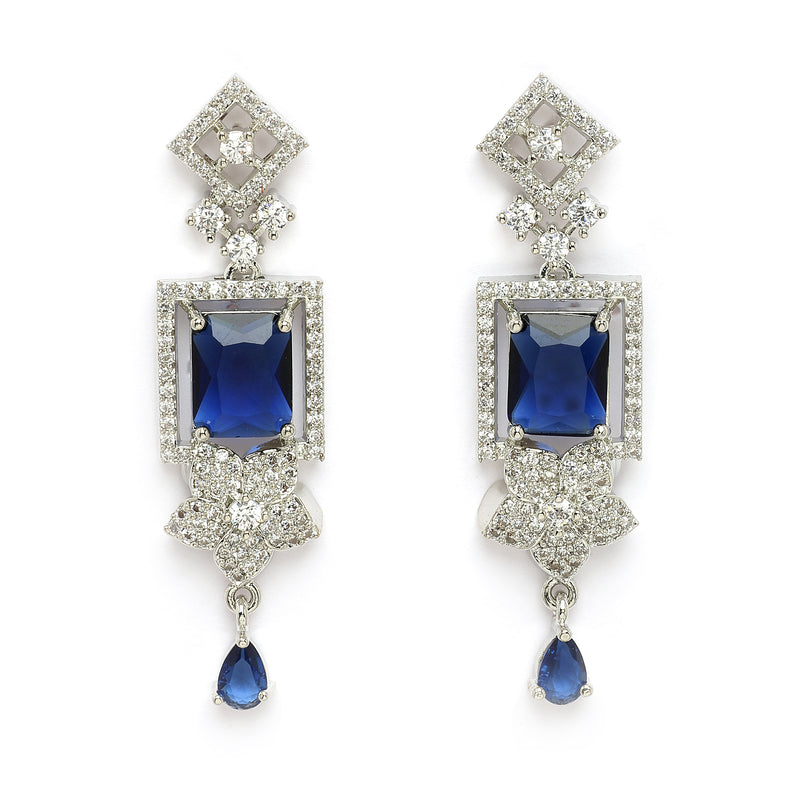 Rhodium Plated Silver Toned Rectangular Shaped Navy Blue & White American Diamond Studded Necklace With Earrings Jewellery Set