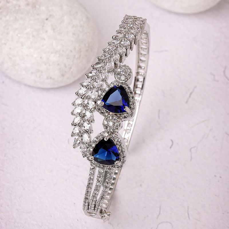 Rhodium Plated Silver Toned Blue Teardrop American Diamond Studded Cuff Bracelet