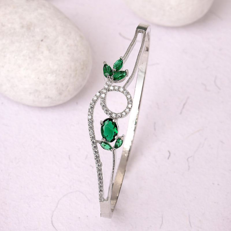 Rhodium Plated Silver Toned Nature Inspired Green Oval American Diamond Studded Cuff Bracelet