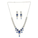 Rhodium Plated Silver Toned Rectangular Shaped Navy Blue & White American Diamond Studded Necklace With Earrings Jewellery Set