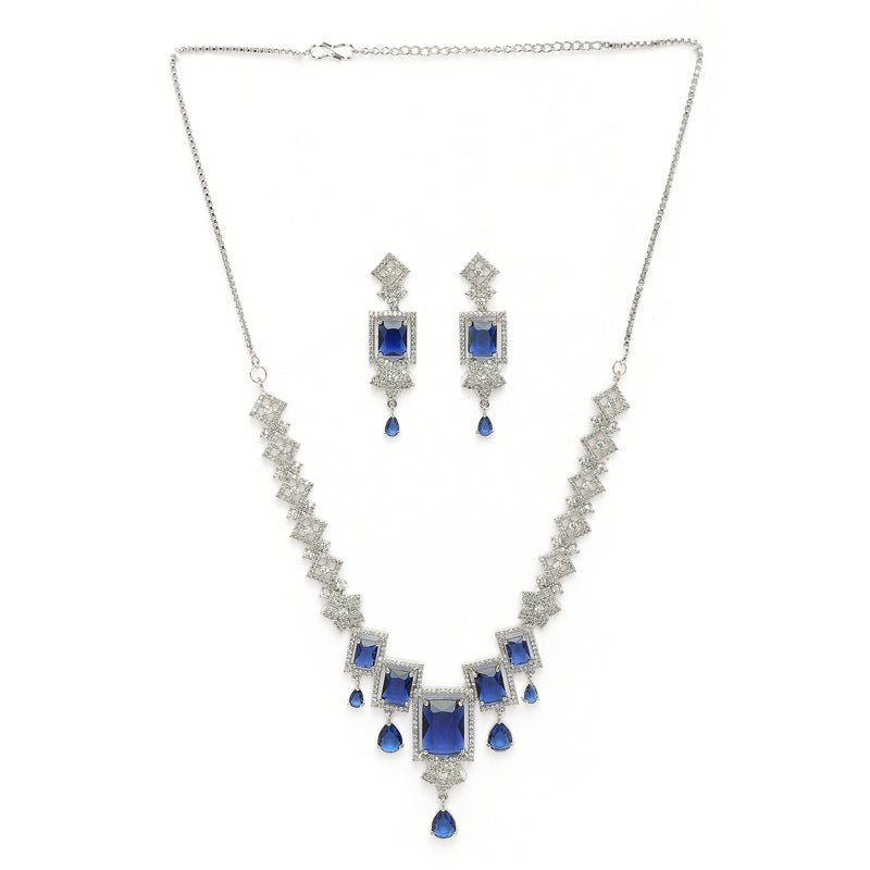 Rhodium Plated Silver Toned Rectangular Shaped Navy Blue & White American Diamond Studded Necklace With Earrings Jewellery Set