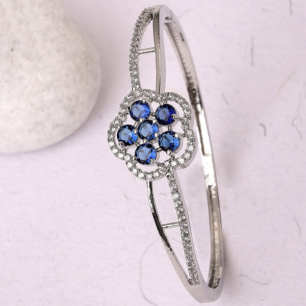 Rhodium Plated Silver Toned Floral Cluster Blue American Diamond  Studded Cuff Bracelet
