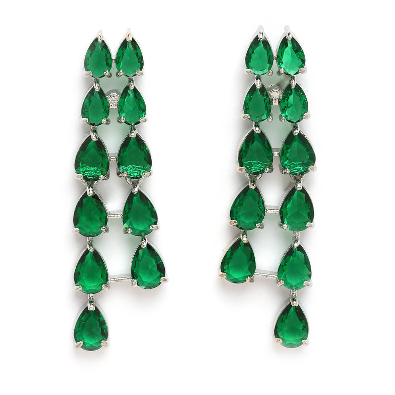 Rhodium Plated Silver Toned Teardrop Shaped Green American Diamond Studded Jewellery Set